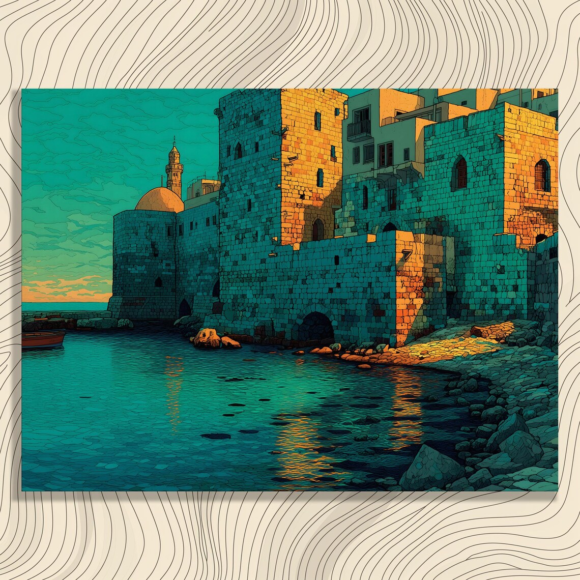Ancient Coastal Stone Fortress by the Sea at Sunset Art Poster