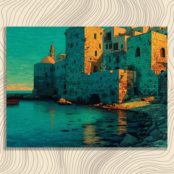 Coastal Fortress Canvas Wall Art Colorful Sunset Reflection Seascape Painting Landscape Print Mediterranean Architecture Historic Decor