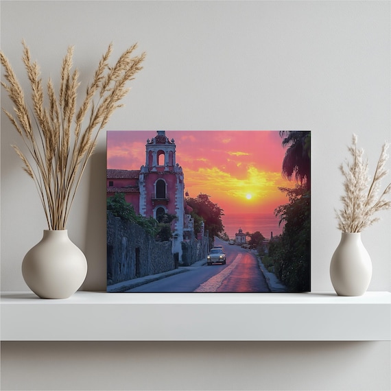 Colonial Church Tower At Vivid Sunset Coastal Road Canvas Wall Art