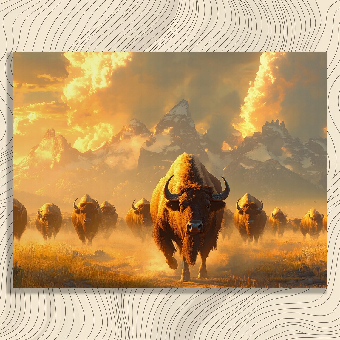 Bison Herd Charging Golden Mountain Sunset Landscape Stampede Poster