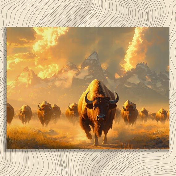 Bison Herd Canvas Wall Art Majestic Mountain Landscape Nature Print Rustic Wildlife Decor Gift For Adventurers And Dramatic Sky Scene