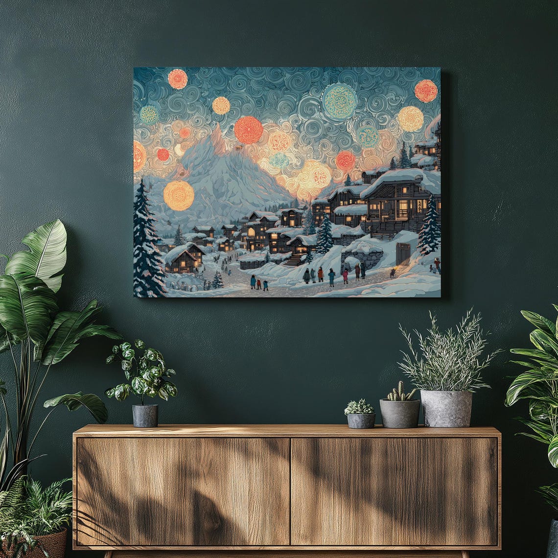 Colorful Winter Village Snowy Mountain Lantern Glow Night Poster