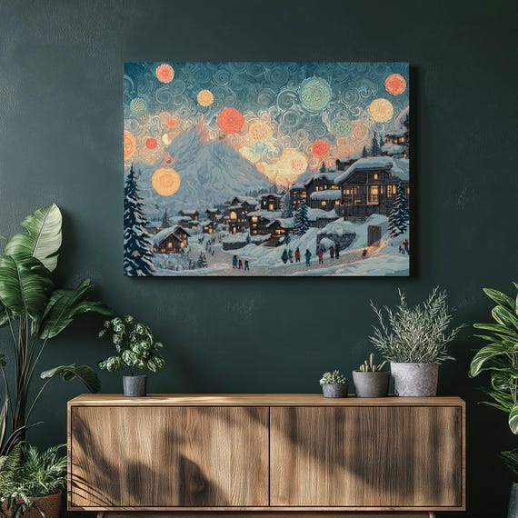Colorful Winter Village Canvas Wall Art Snowy Mountain Town With Lantern Glow Holiday Evergreen Pines Starlit Sky Rustic Cabin Print