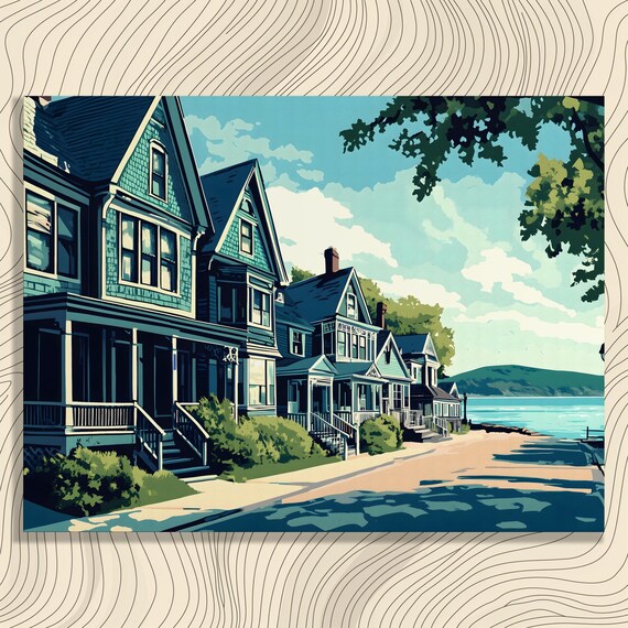 Vintage Victorian Coastal Street Houses Waterfront Town Poster