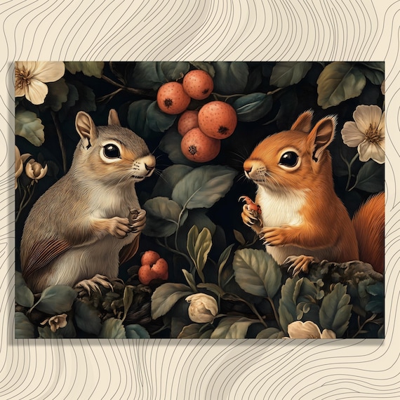 Two Squirrels Canvas Wall Art Vintage Botanical Artwork Floral Animal Painting Nature Print Wildlife Decor For Collectors