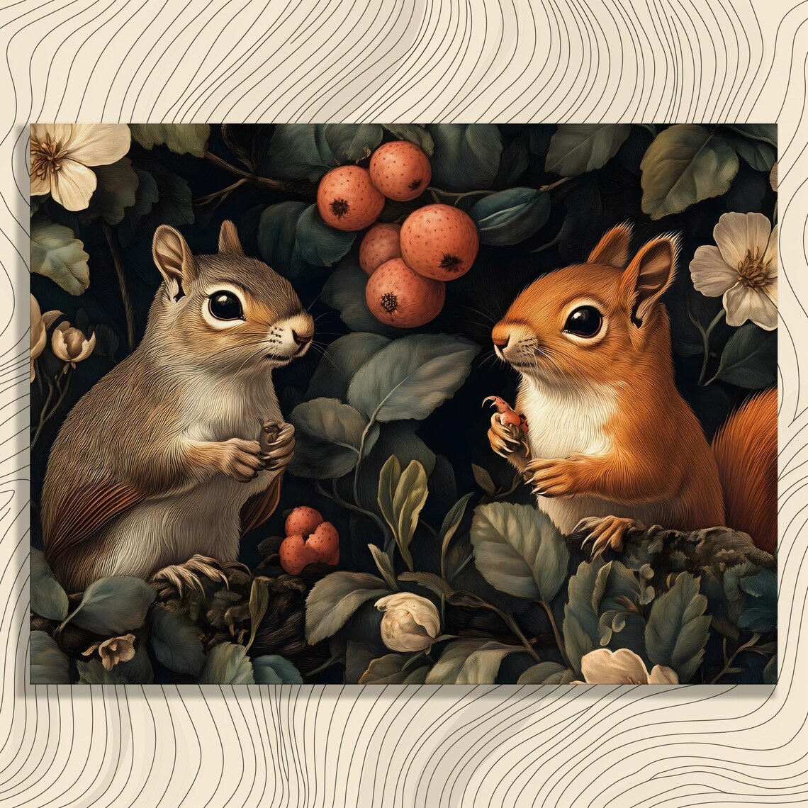 Two Squirrels Vintage Botanical Berries Woodland Garden Poster