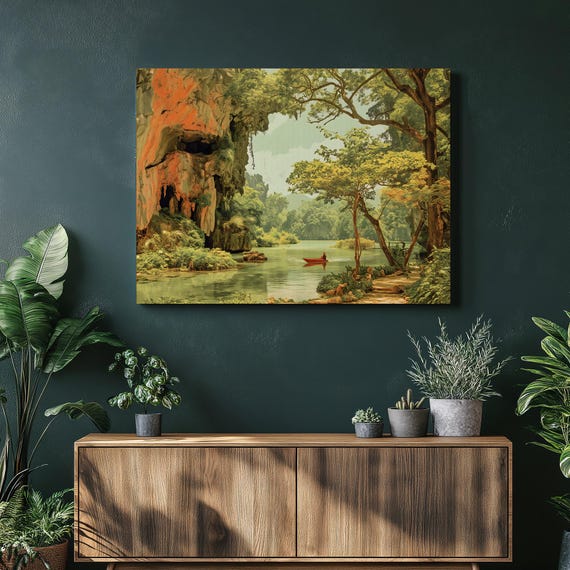 Tropical Limestone River Canvas Wall Art Serene Jungle Lagoon With Red Boat And Karst Cave Cliffs Tranquil Water Landscape Print Decor