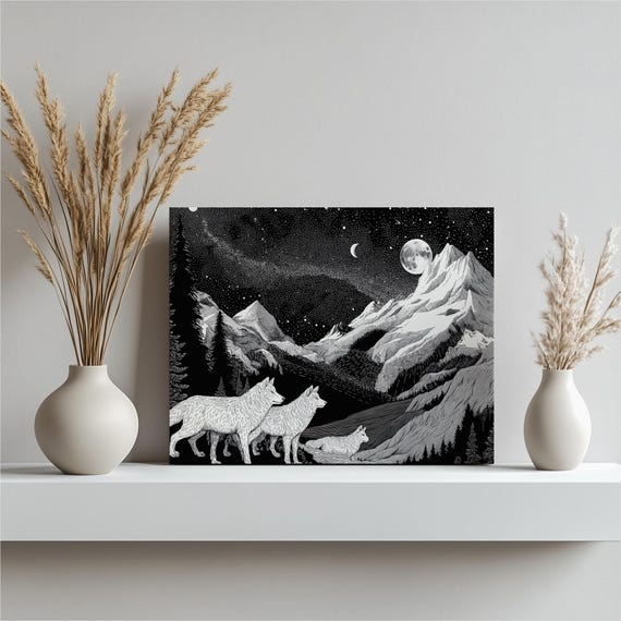 Wolf Pack Nightscape Canvas Wall Art Mountain Landscape Starry Skies Pine Trees Full Moon Monochrome Nature Illustration Rustic Decor