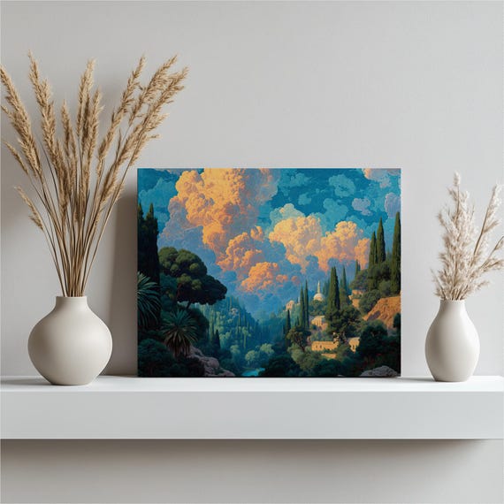 Colorful Mediterranean Landscape Canvas Wall Art Sunset Cloudscape With Domed Church Cypress Lined Hills Nature Print Blue Decor