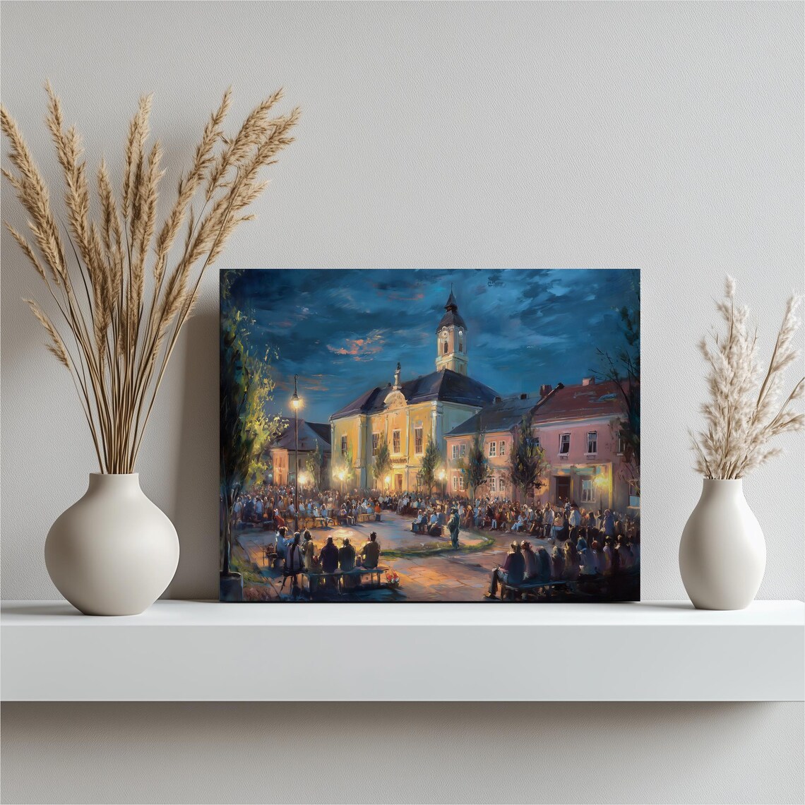 European Town Square Night Crowd Church Vintage Painting Wall Art