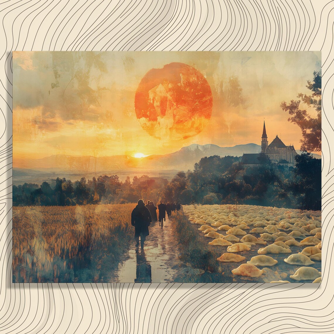 Surreal Sunset Canvas Wall Art Journey Abstract Landscape Print People Walking Church Blue Horizon Nature Drawing