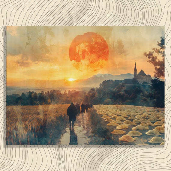 Surreal Sunset Canvas Wall Art Journey Abstract Landscape Print People Walking Church Blue Horizon Nature Drawing