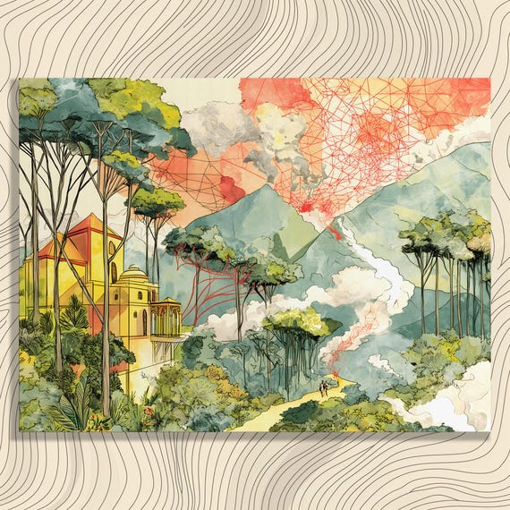 Vibrant Landscape Canvas Wall Art Colorful Mountain Nature Scene Painting Decor Print Yellow Building Lush Green Forest Sky