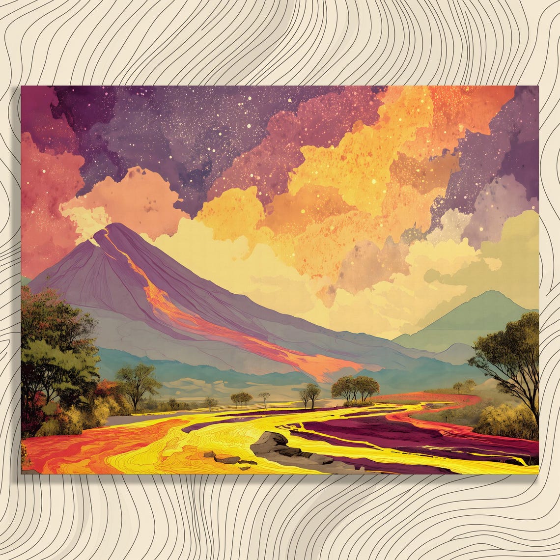 Volcano Eruption Lava River Sunset Vivid Illustration Art Poster