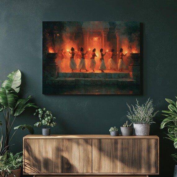 Torchlit Temple Fire Dance Ritual Ancient Stone Dancers Night Print