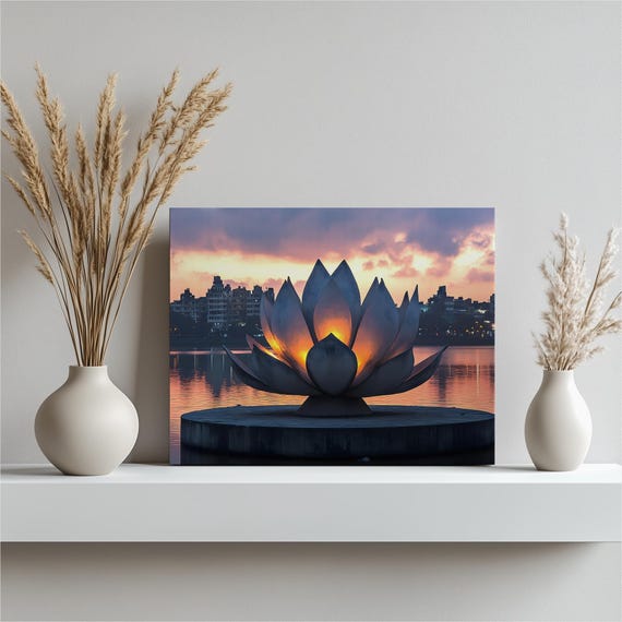 Flower Canvas Wall Art Glowing Sculpture On Tranquil Lake At Dusk With Skyline City Reflections Urban Scenery Zen Decor Modern