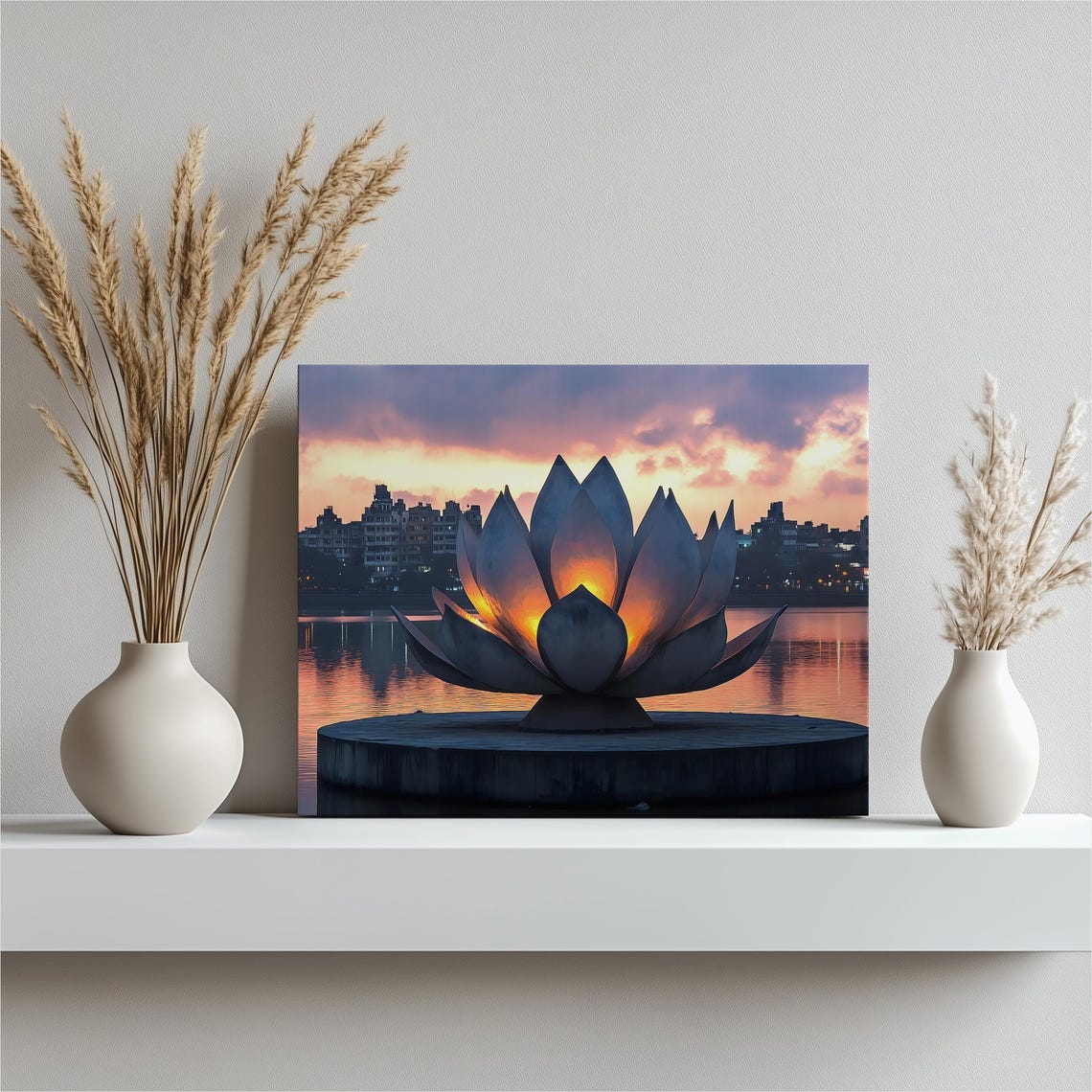 Flower Canvas Wall Art Glowing Sculpture On Tranquil Lake At Dusk With Skyline City Reflections Urban Scenery Zen Decor Modern