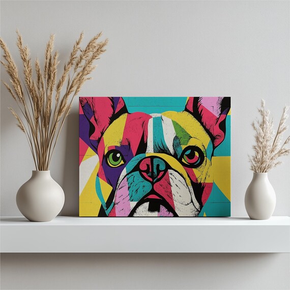 Vibrant French Bulldog Canvas Wall Art Colorful Geometric Abstract Dog Portrait Modern Home Decor Linocut Style Pet Gift