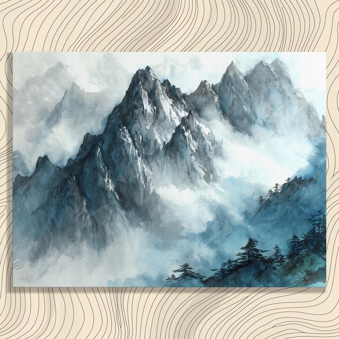 Misty Mountain Peaks Blue Ink Watercolor Landscape Art Poster