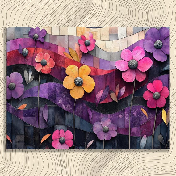 Vibrant Floral Mosaic Canvas Wall Art Colorful Botanical Print Nature Artwork Flower Decor Home Ideal Gift
