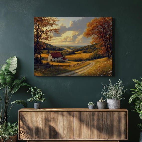 Serene Autumn Countryside Canvas Wall Art Rustic Farmhouse Landscape Print For Fall Decor Home Living Room Bedroom