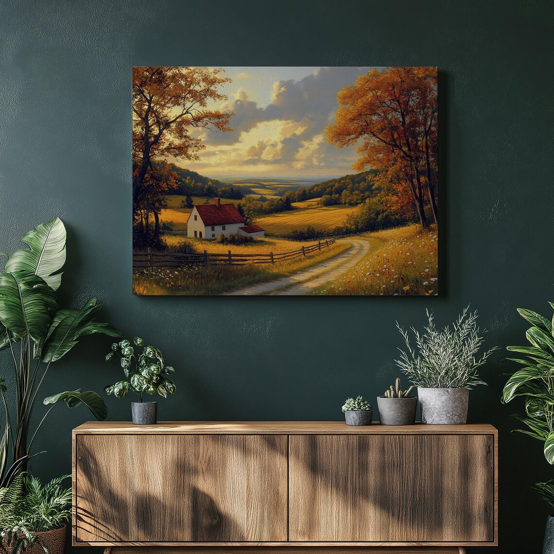 Serene Autumn Countryside Farmhouse Among Golden Fields Poster