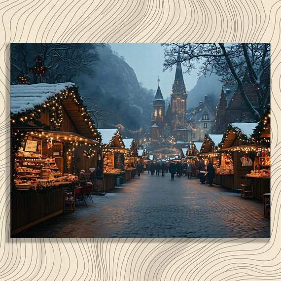 Festive Winter Market Snow Christmas Stalls Evening Art Poster