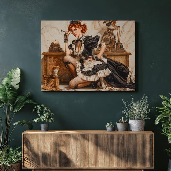 French Maid Pinup Canvas Wall Art Vintage Baroque Glamour With Tarot Cards Ornate Clock Lace Gloves Fishnet Stockings Redhead Luxury Decor