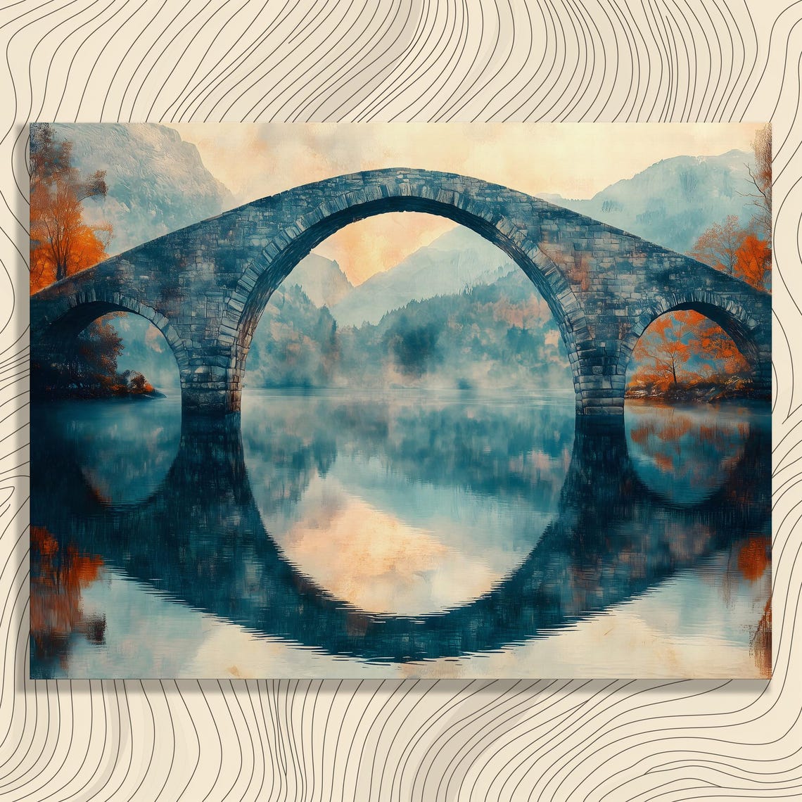Serene Autumn Bridge Canvas Wall Art Misty River Reflection Landscape Print For Nature Enthusiasts Gift Modern Decor