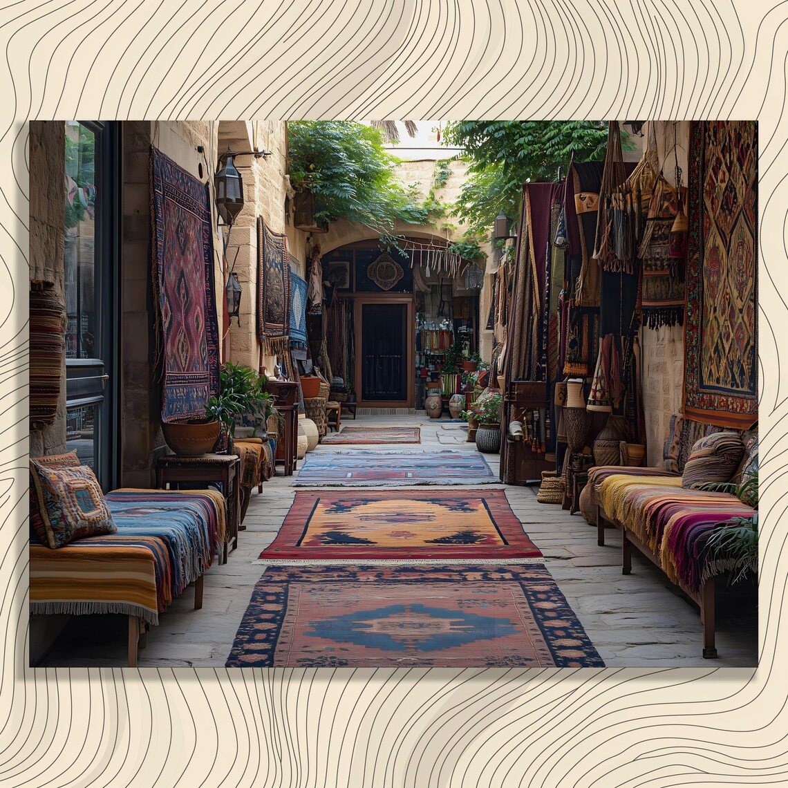 Moroccan Bazaar Alley Colorful Rugs Textiles Market Scene Poster
