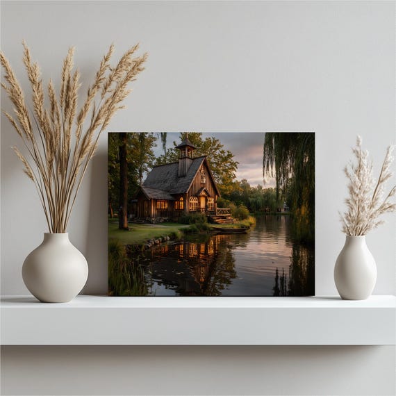 Rustic Lakeside Cabin Canvas Wall Art Serene Lake Reflection Photography Print