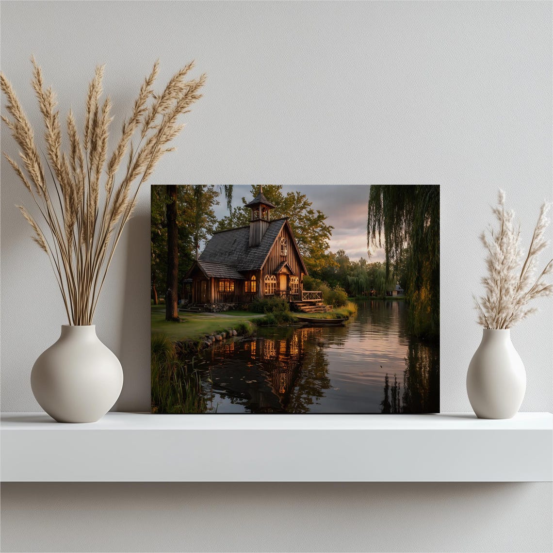 Rustic Lakeside Wooden Cabin Dusk Reflection Quiet Forest Poster