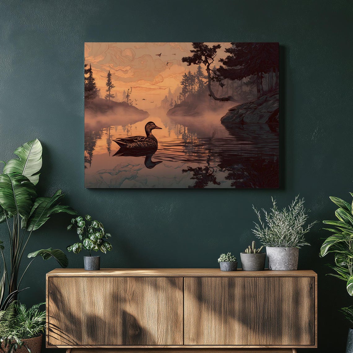 Duck Gliding on Misty Lake Sunrise Pine Forest Reflection Poster