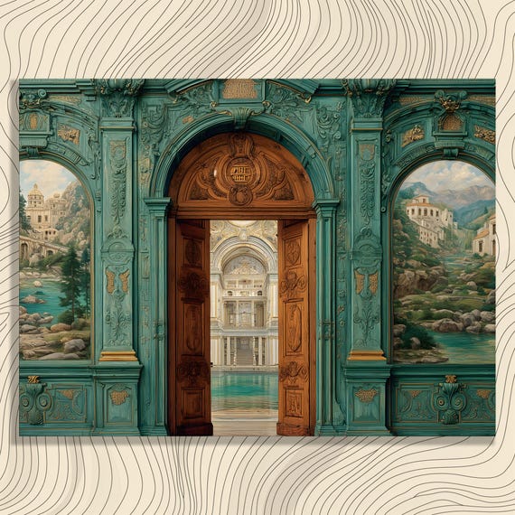 Ornate Architectural Landscape Canvas Wall Art Classic Baroque Home Decor Print Elegant Green Gold Design For History Lovers