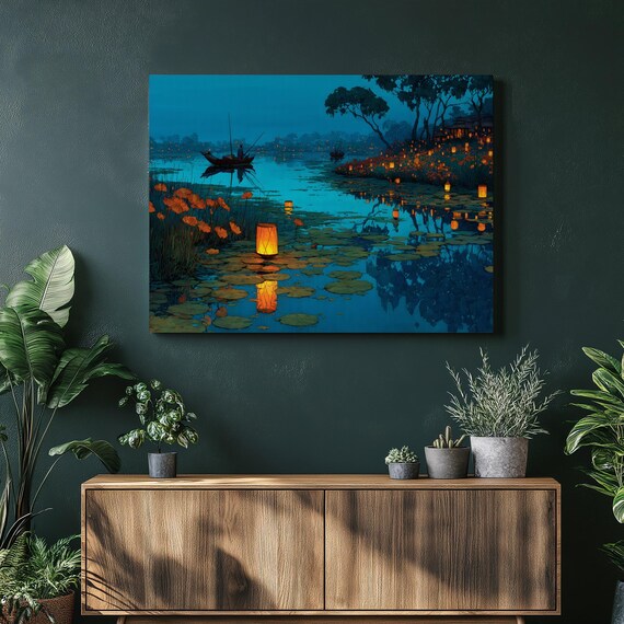 Floating Lanterns On Lily Pond At Night Blue Water Serene Art Poster