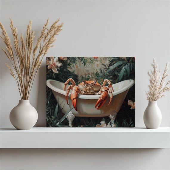 Whimsical Crab Canvas Wall Art Vintage Bathtub Illustration With Floral Tropical Greenery Pastel Bohemian Eclectic Decor Print