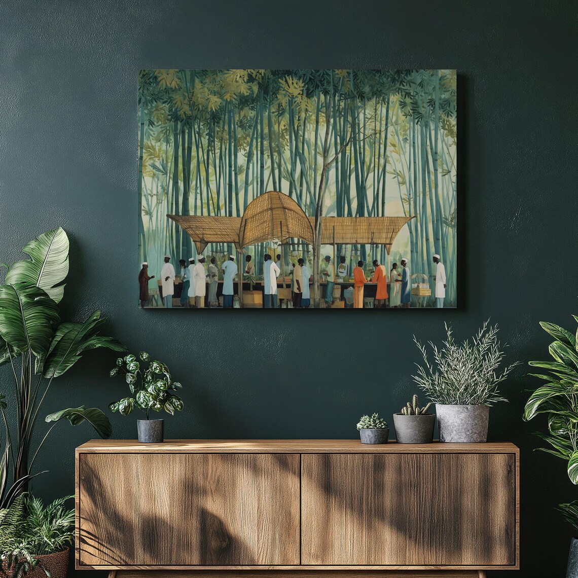 Bamboo Forest Market Village Scene Tropical Greens Canvas Art Poster