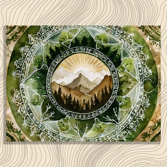 Mountain Mandala Canvas Wall Art Watercolor Sunrise Forest Landscape Print Green Boho Nature Decor Painting Gift Spiritual