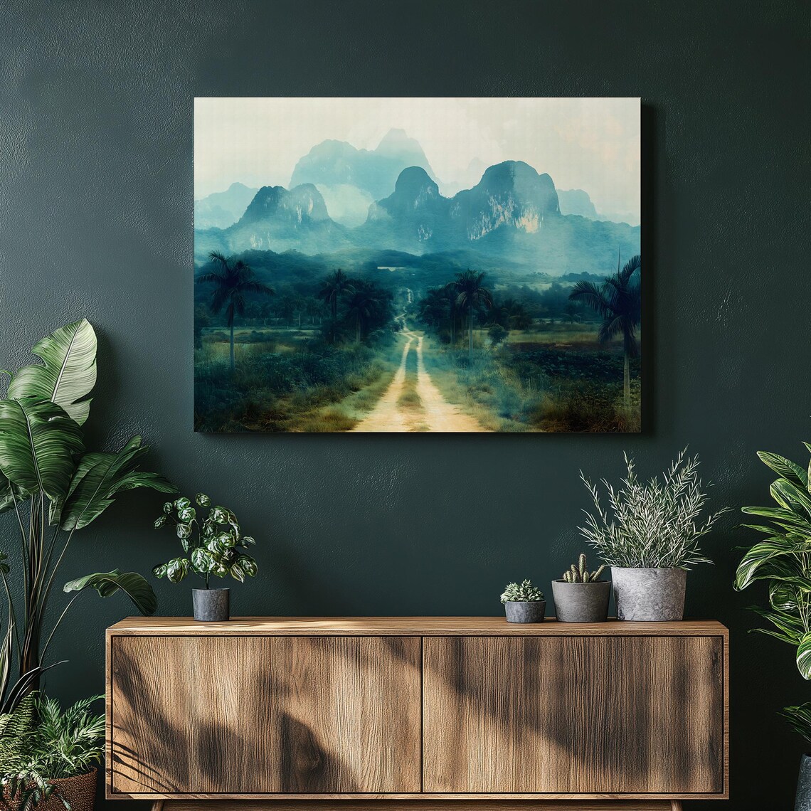 Tropical Valley Misty Karst Mountains Palm Road Painting Wall Art