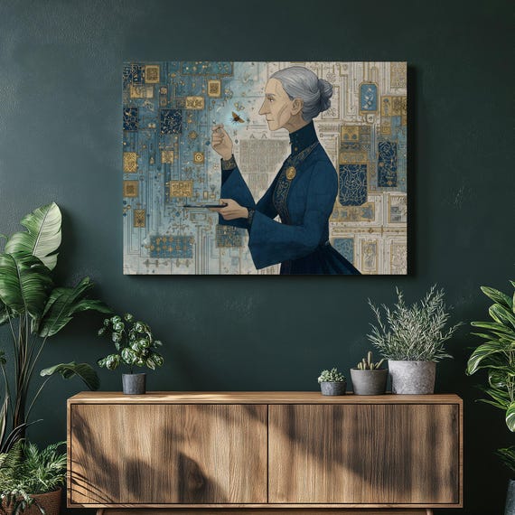 Steampunk Victorian Portrait Canvas Wall Art Blue And Gold Geometric Design Circuit Board Motif Mechanical Moth Vintage Tech Print
