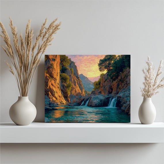 Colorful Canyon Sunset Canvas Wall Art Vibrant River With Cascading Waterfalls Landscape Nature Print Mountain Valley Scenery Painting