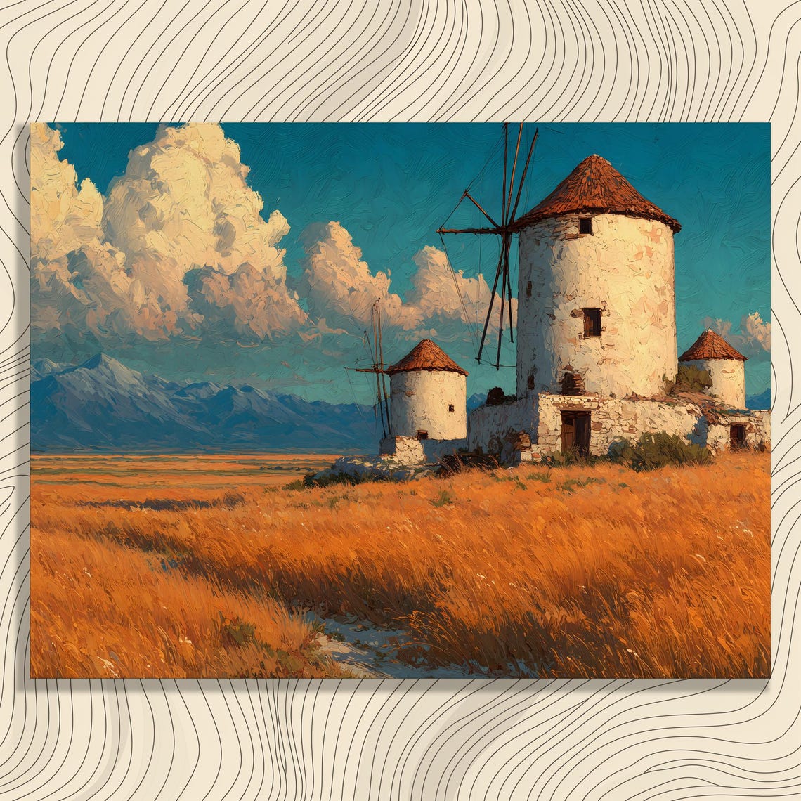 Stone Windmills Golden Field Rustic Countryside Landscape Poster