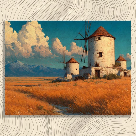 Windmill Wheat Field Canvas Wall Art Rustic Countryside Landscape Print Sky Blue Painting Vintage Decor Farmhouse Style Nature Lovers Gift