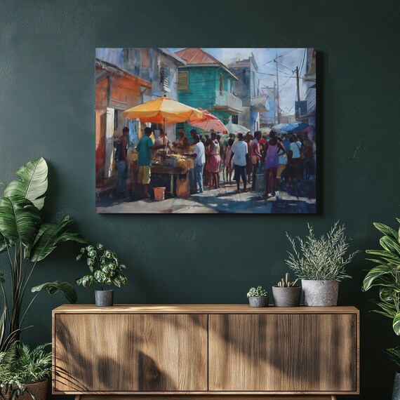 Colorful Street Market Tropical City Festival Crowd Scene Poster