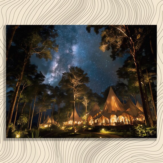 Glamping Tents Canvas Wall Art Starry Night Forest Escape Print Luxury Tent Campsite Decor Nature Adventure Sky Photo