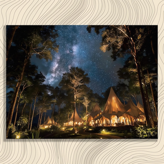 Night Glamping Tents Milky Way Starry Forest Camping Photo Poster