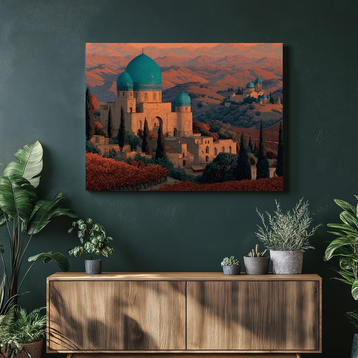 Turquoise Dome Mosque At Sunset Over Vineyard Hills Art Poster