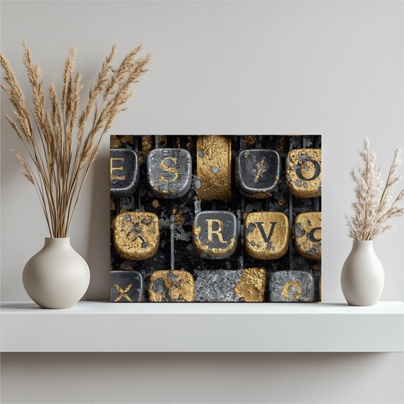 Typewriter Keys Abstract Canvas Wall Art Gold Leaf Texture Metallic Typography Black Design Vintage Print Mixed Media
