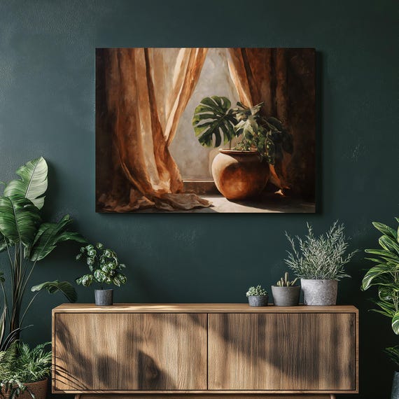 Monstera Still Life Canvas Wall Art Sunlit Windowsill Terracotta Planter With Linen Curtains Botanical Print Realistic Greenery Decor