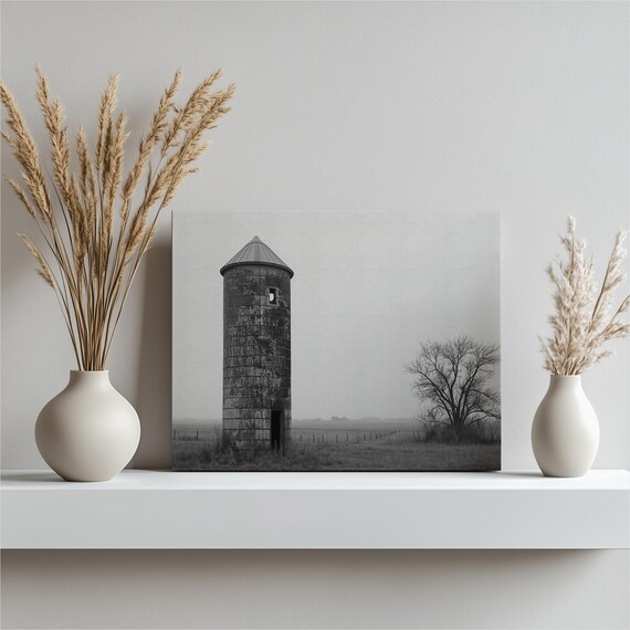 Old Stone Silo Misty Field Black and White Farm Photo Art Poster